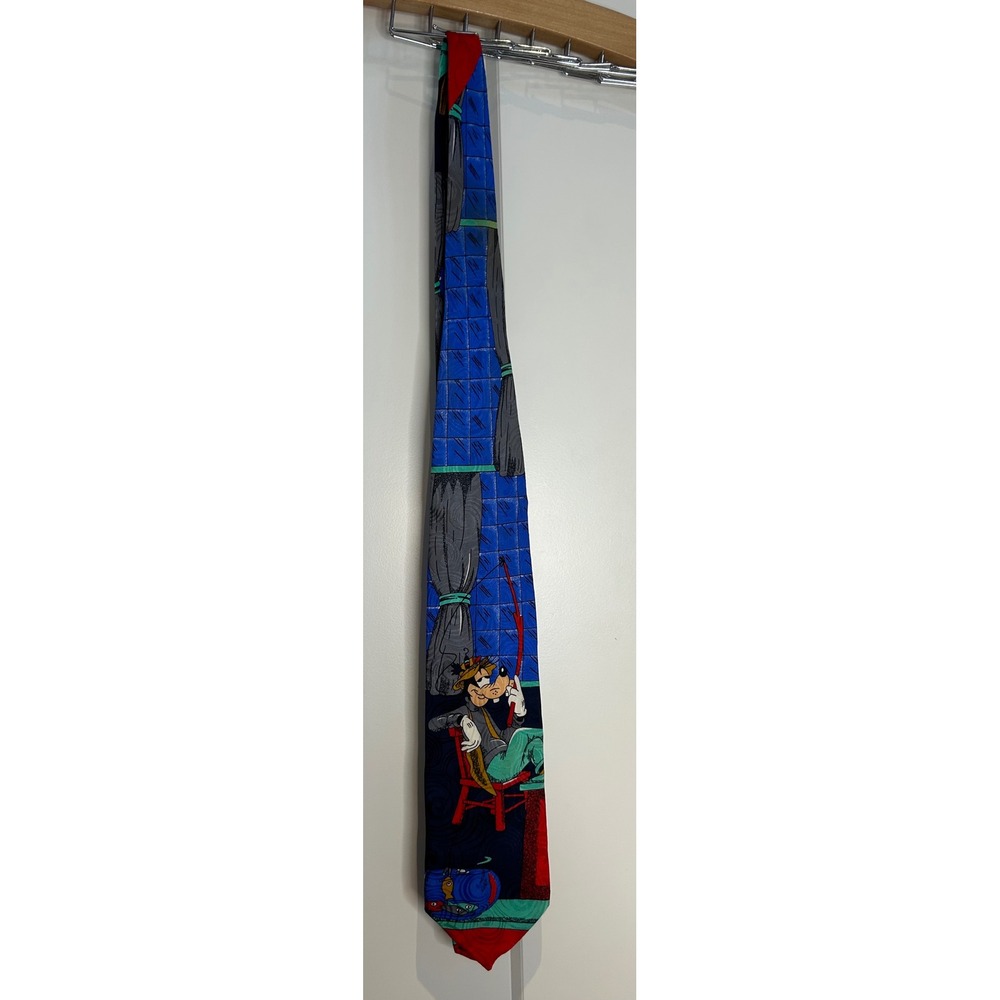 Mickey & Co Atlas Design Goofy Fishing Silk‎ Tie Blue Navy Made in Italy Vintage